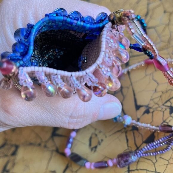 Hand Woven Bead Pouch Necklace Reversible Hummingbird Cat Cottage Boho Trinket - Picture 12 of 16